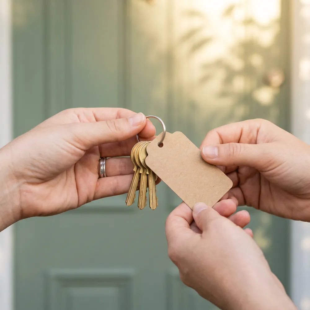 Hands holding a new set of house keys in front of a new front door